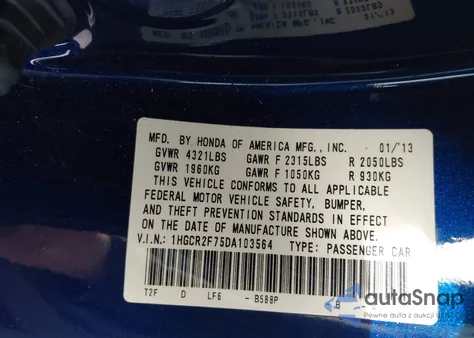2013 Honda Accord Ex z USA, uszkodzony, nr VIN 1HGCR2F75DA103564